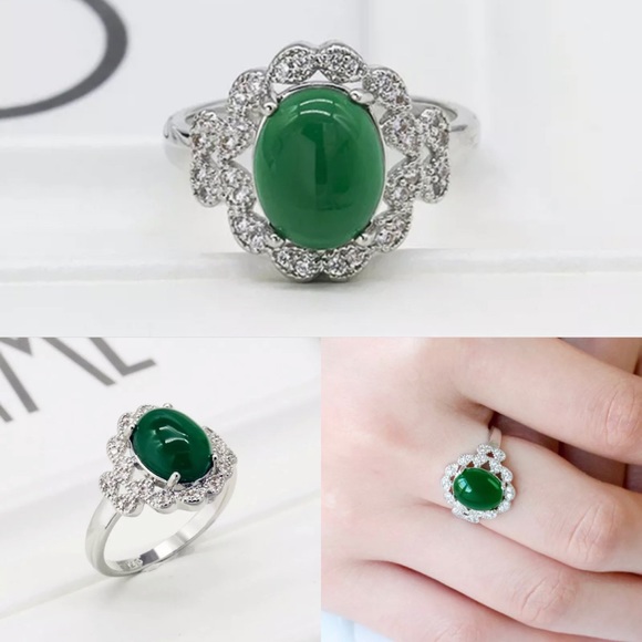 Art Deco Emerald Zircon Gemstone Micro Paved Halo Ring - Picture 5 of 6